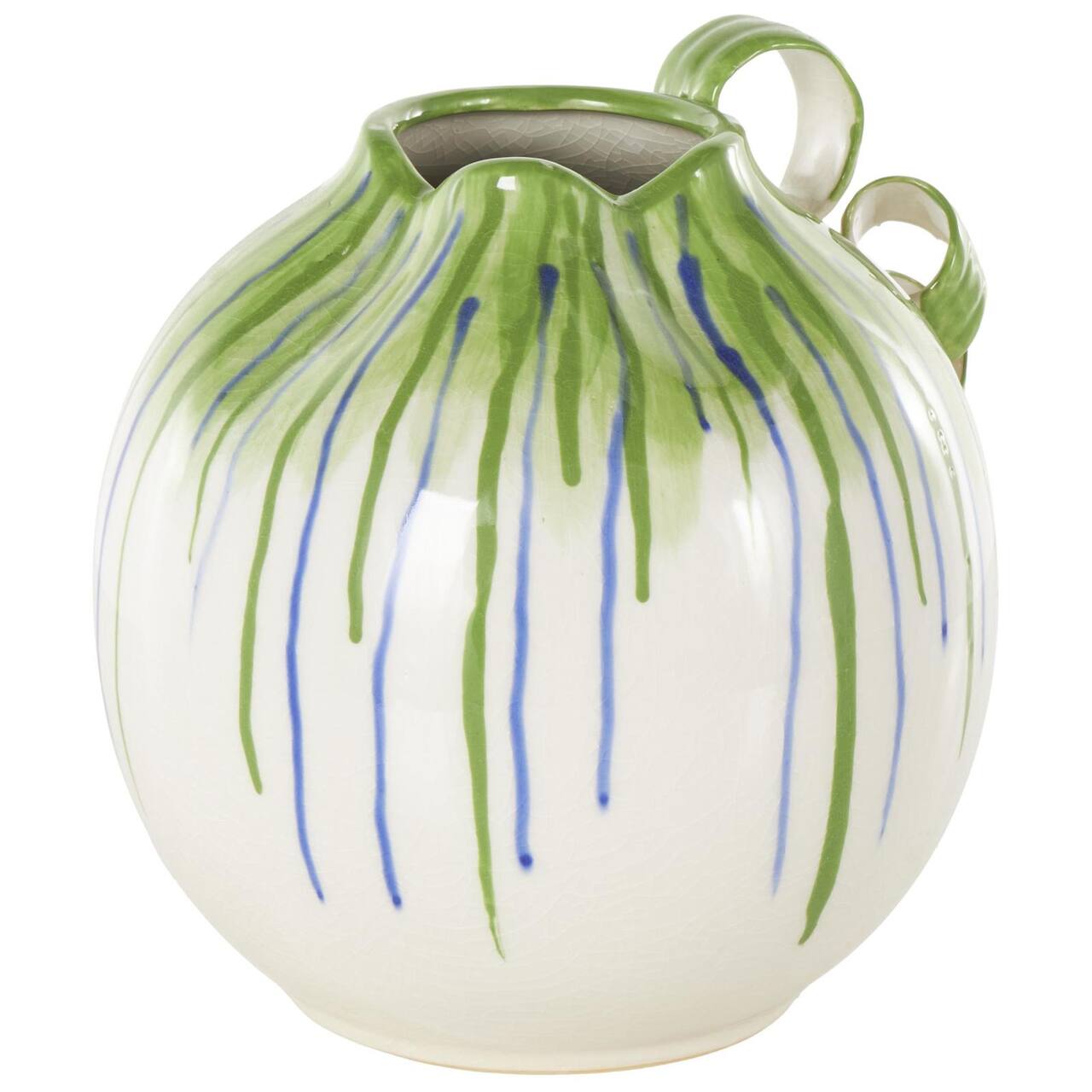 10.5" White Ceramic Vase with Green & Blue Drip Design & Handles